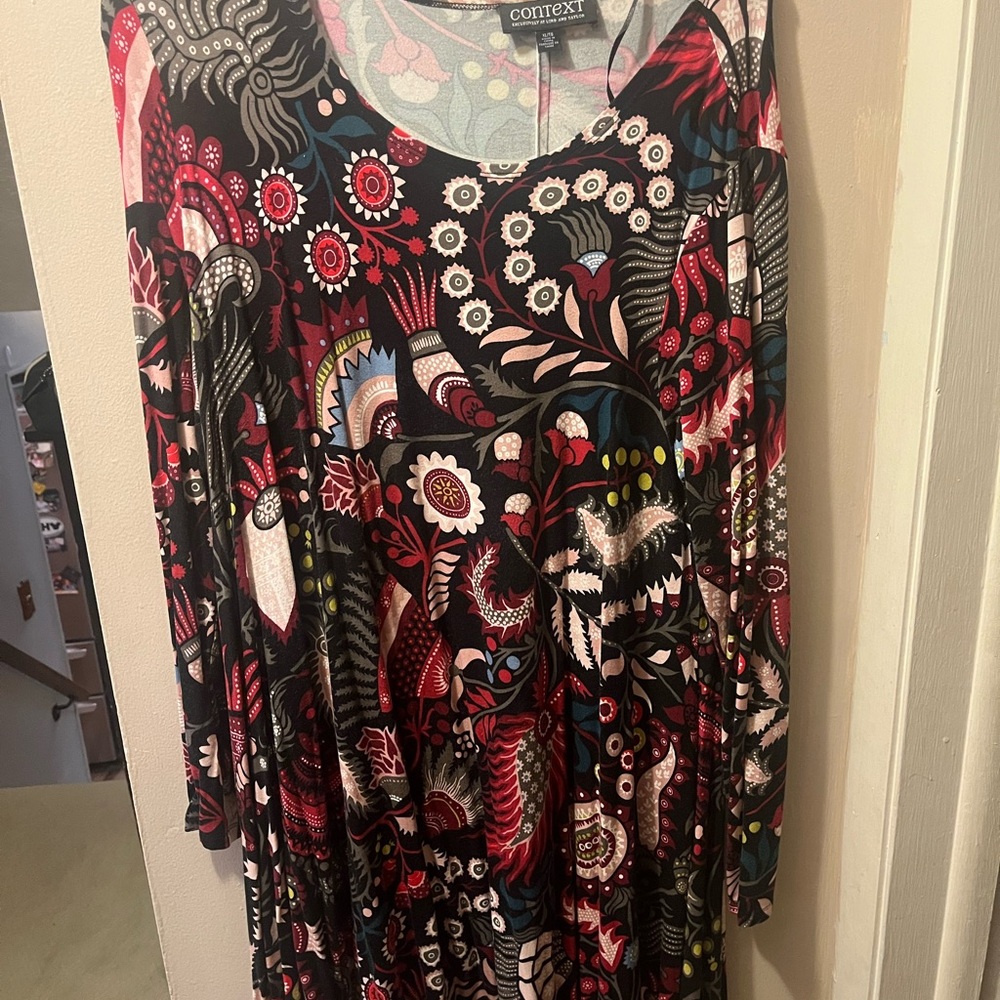 Context Floral Dress with Pink and Black Accents, bright geometric stretch.